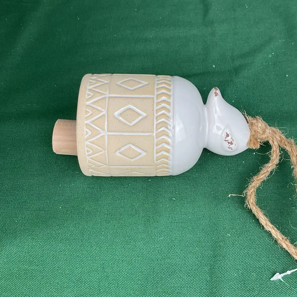 Ceramic Bird Bell Christmas Ornament - Geometric Pattern Rustic Glazed Decor